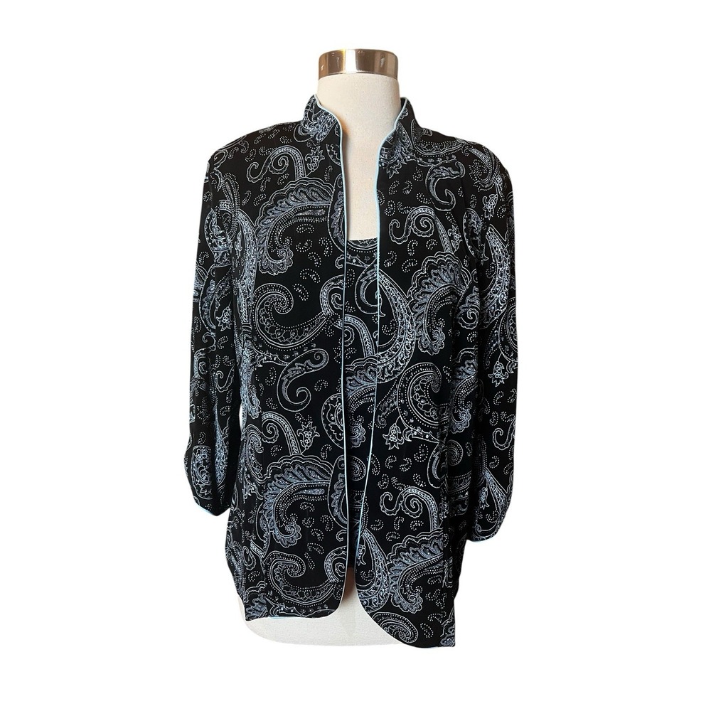Alex Evenings 2 Piece Tank Jacket Set Size XL Black Blue Glitter Printed